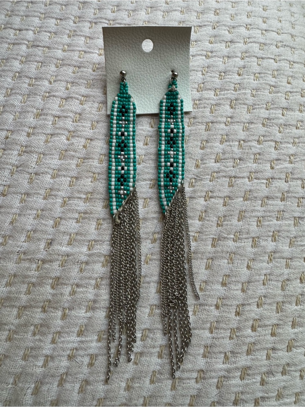 Free People Turquoise and White Beaded Fringe Chain Earrings